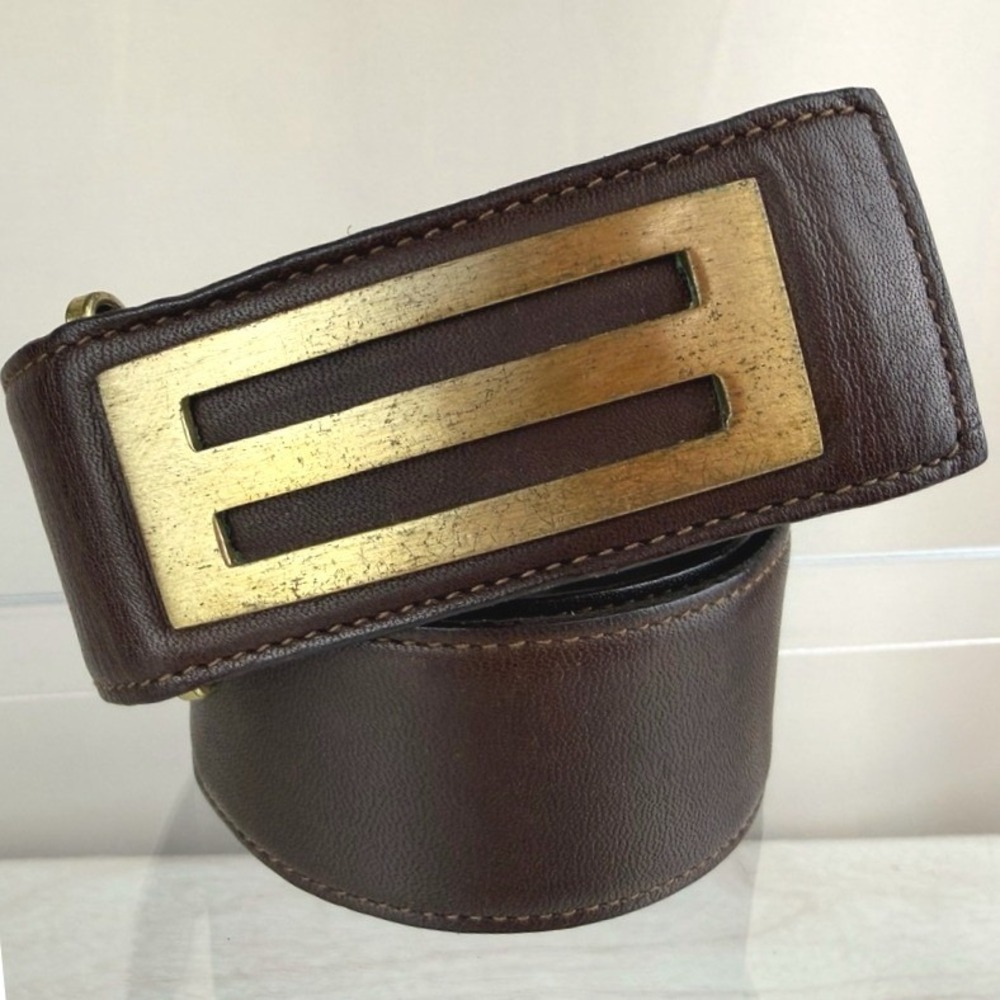Vintage CHRISTIAN DIOR Brown Leather Belt‎ Mens (30) Brass Buckle Italy Classic